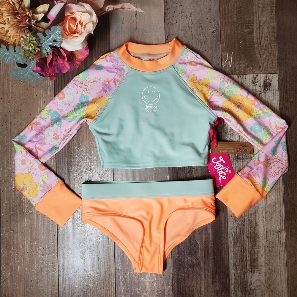 NEW Justice Girls 2pc Rash Guard Kids Swim Set w/ Hipster Bottom Size 5/6 Coral